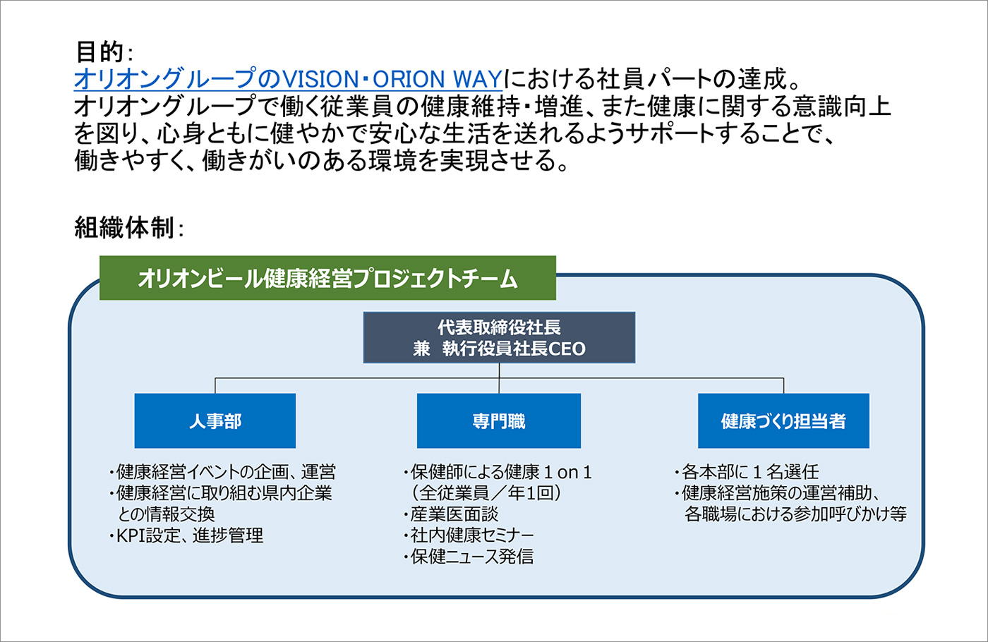 オリオングループ健康経営プロジェクトの目的と体制